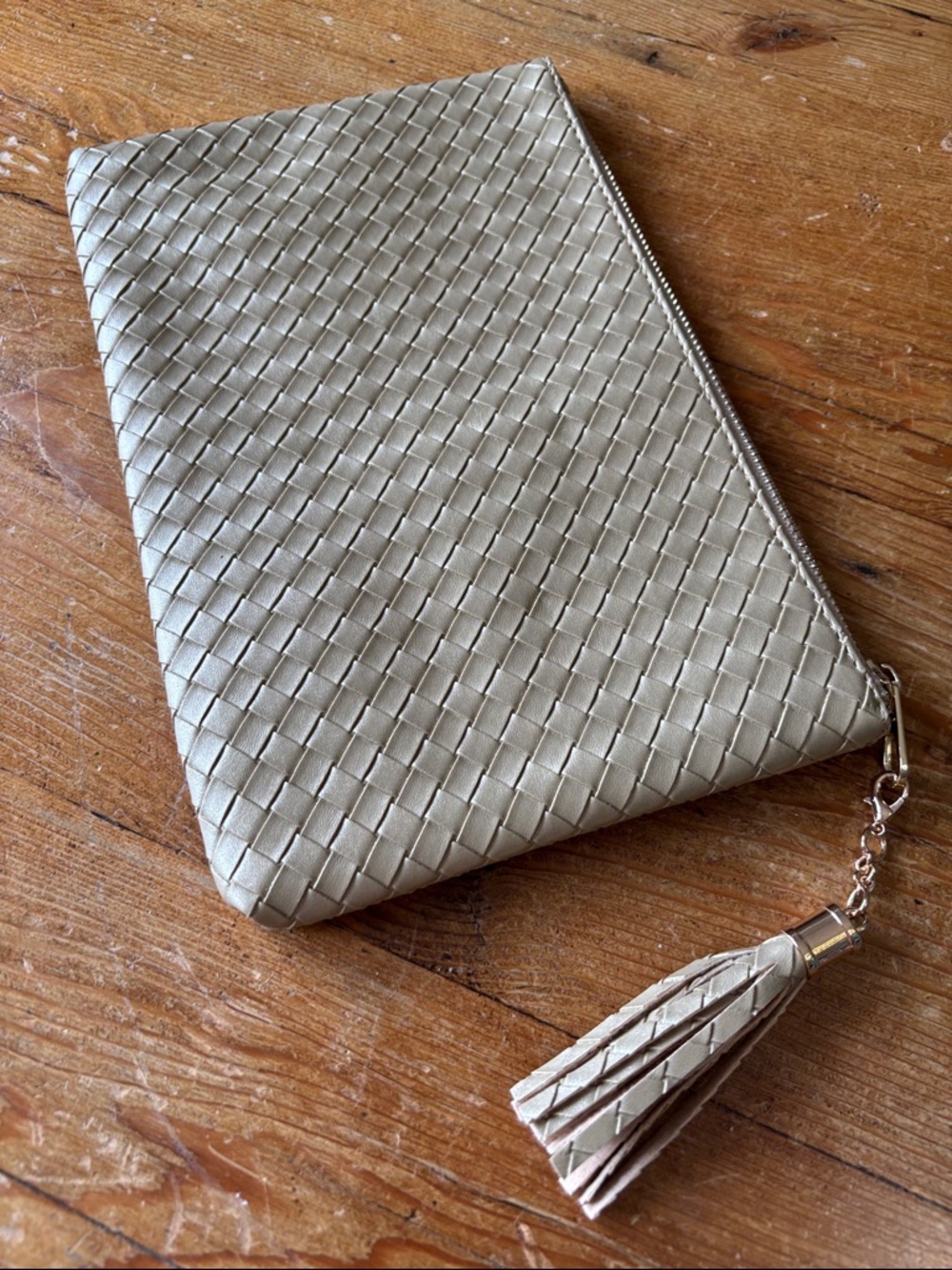 Woven Zip Clutch with Tassel Metallic Woven Gold Vinyl